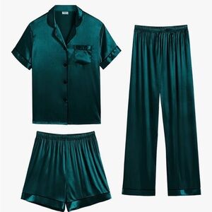 Women's Satin Short-Sleeve Pajama Set with Long Pants & Shorts - Emerald Green